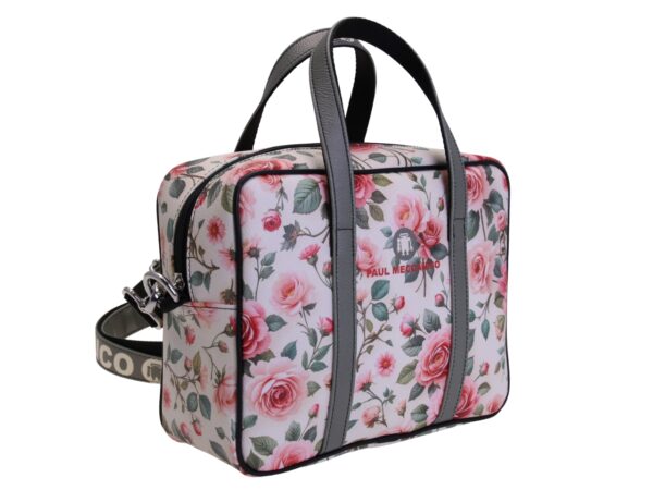 BORSA DA DONNA RETTANGOLARE BIANCA CON FANTASIA FLOREALE. MODELLO PINCA IN PELLE SINTETICA MARTELLATA. - immagine 2