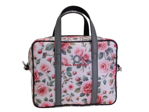 BORSA DA DONNA RETTANGOLARE BIANCA CON FANTASIA FLOREALE. MODELLO PINCA IN PELLE SINTETICA MARTELLATA.