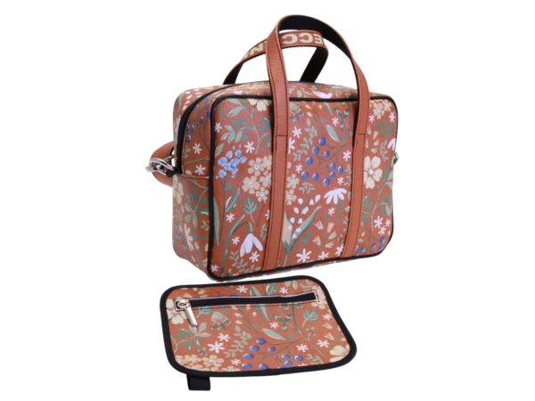 BORSA DA DONNA RETTANGOLARE MARRONE CON FANTASIA FLOREALE. MODELLO PINCA IN PELLE SINTETICA MARTELLATA. - immagine 3