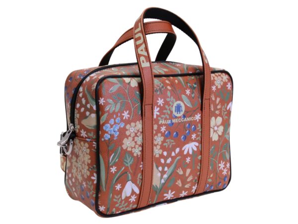 BORSA DA DONNA RETTANGOLARE MARRONE CON FANTASIA FLOREALE. MODELLO PINCA IN PELLE SINTETICA MARTELLATA. - immagine 2