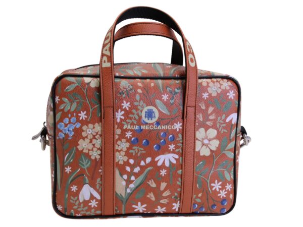 BORSA DA DONNA RETTANGOLARE MARRONE CON FANTASIA FLOREALE. MODELLO PINCA IN PELLE SINTETICA MARTELLATA.