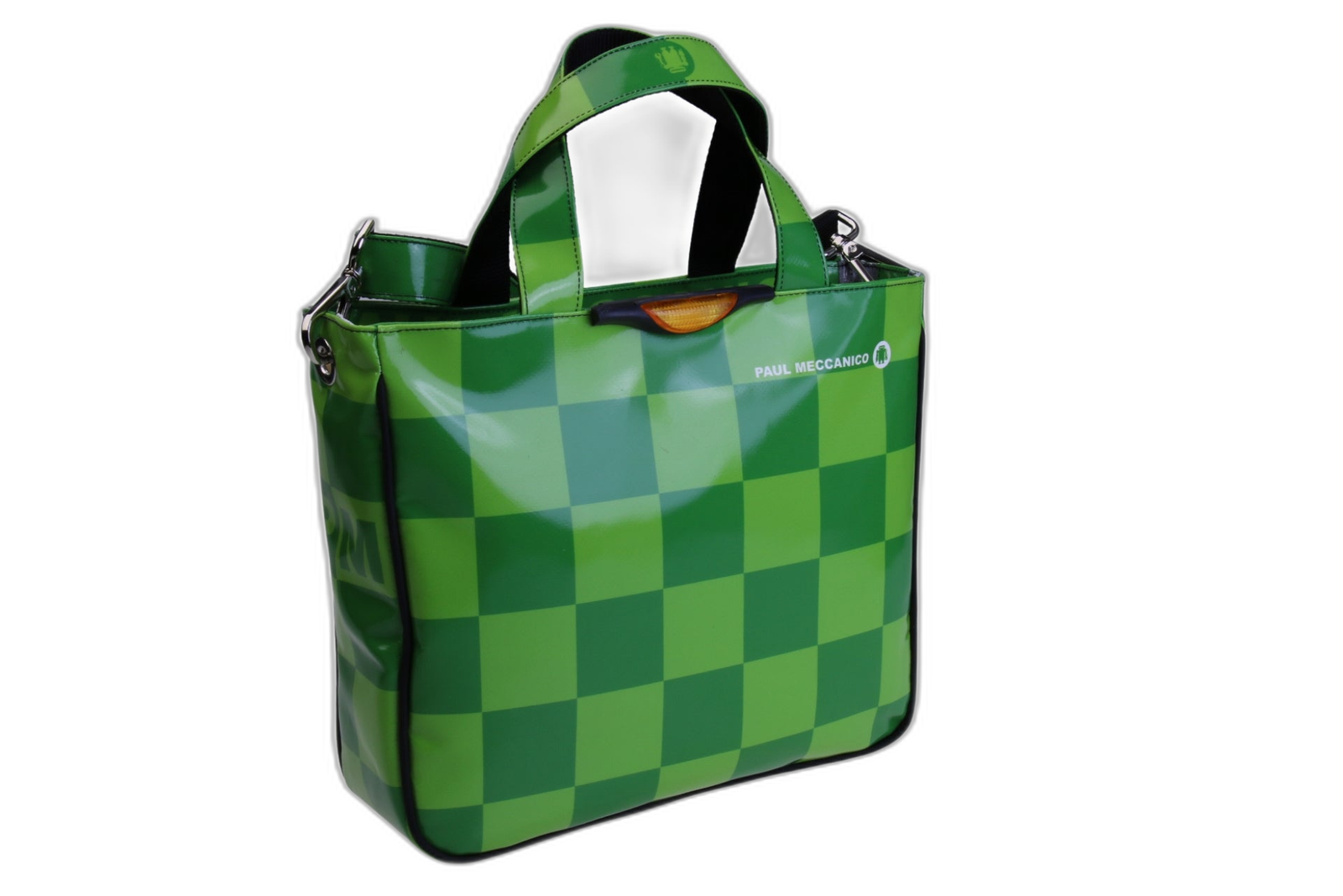 ..TOTE VERDE CON FANTASIA A SCACCHI. MODELLO GLAM REALIZZATO CON TELONI DI CAMION.
