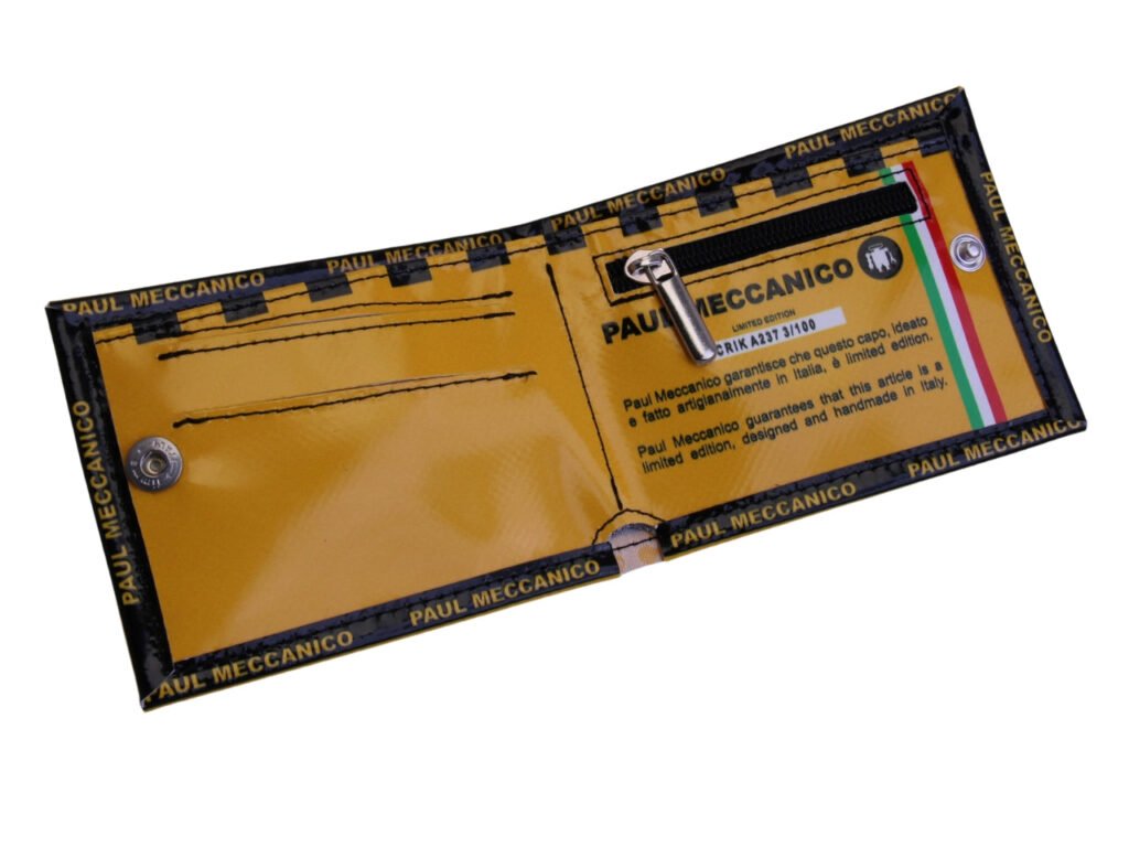 PORTAFOGLIO DA UOMO GIALLO E BIANCO. MODELLO CRIK IN TELONE DA CAMION.