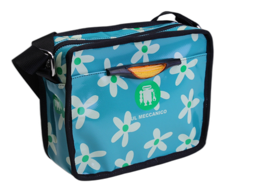 ..BORSA A TRACOLLA GENDERLESS VERDE ACQUA CON FANTASIA FLOREALE. MODELLO FRIK REALIZZATO CON TELONI DI CAMION.