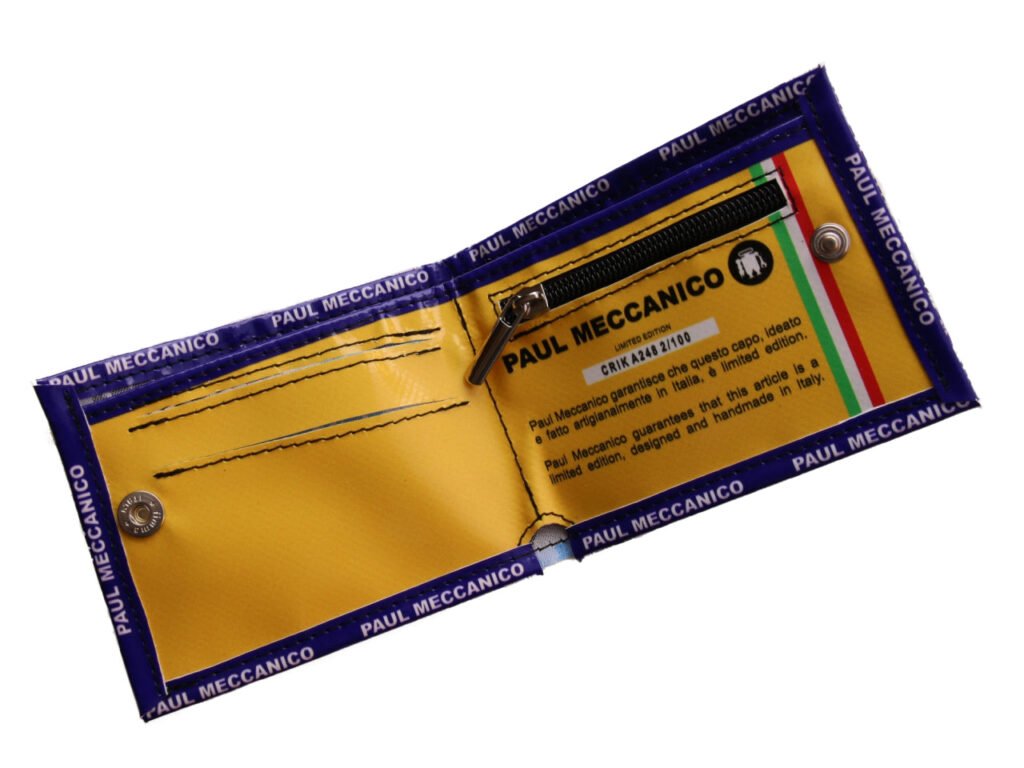 PORTAFOGLIO DA UOMO ROYAL E BIANCO CON FANTASIA MAIOLICA. MODELLO CRIK REALIZZATO CON TELONI DI CAMION.