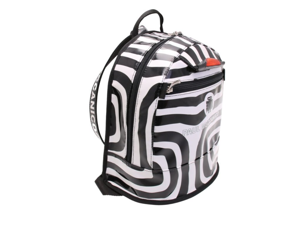 ...BACKPACK WITH BLACK & WHITE FANTASY. MODEL SUPERINO MADE OF LORRY TARPAULIN.