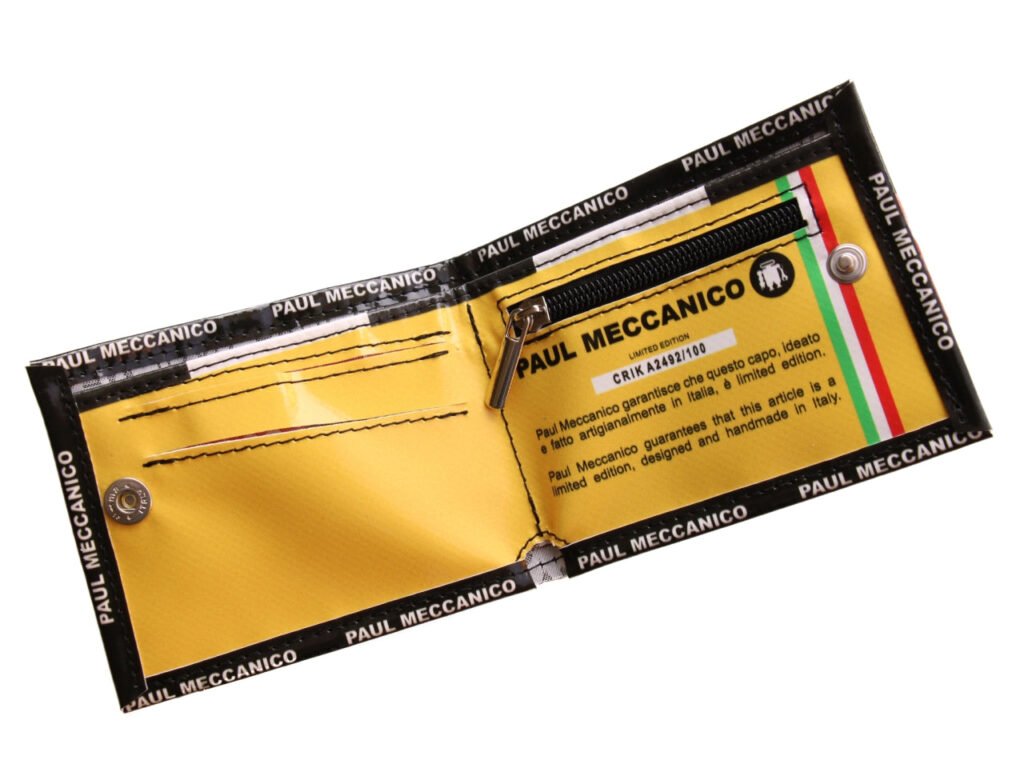 PORTAFOGLIO DA UOMO NERO, BIANCO E ROSSO. MODELLO CRIK REALIZZATO CON TELONE DA CAMION.