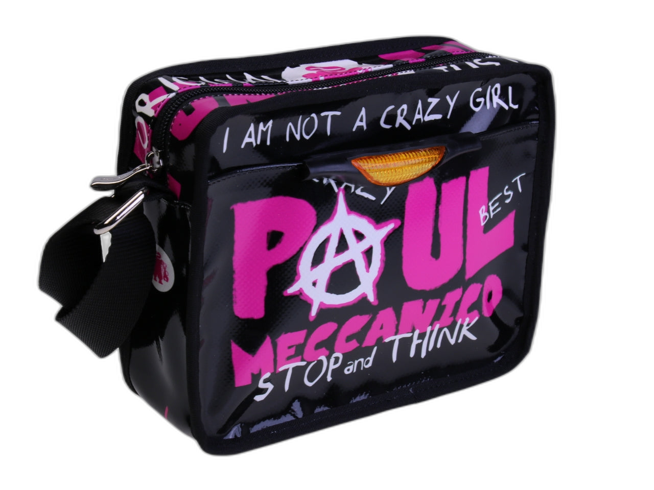 BORSA A TRACOLLA NERA ""NON SONO UNA RAGAZZA PAZZA"". MODELLO FRIK REALIZZATO CON TELONI DI CAMION.
