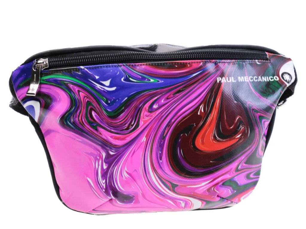 BORSA A VITA ROSA CON FANTASIA TIE DYE. MODELLO FLEX REALIZZATO CON TELONI DI CAMION. - Edizione limitata Paul Meccanico