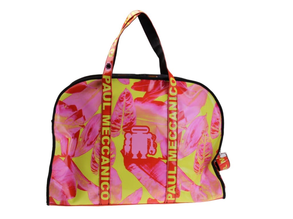 ...BORSA GRANDE DA VIAGGIO O SPORTIVA ROSA E GIALLA CON FANTASIA FLOREALE. MODELLO RAID IN TELONE DA CAMION.