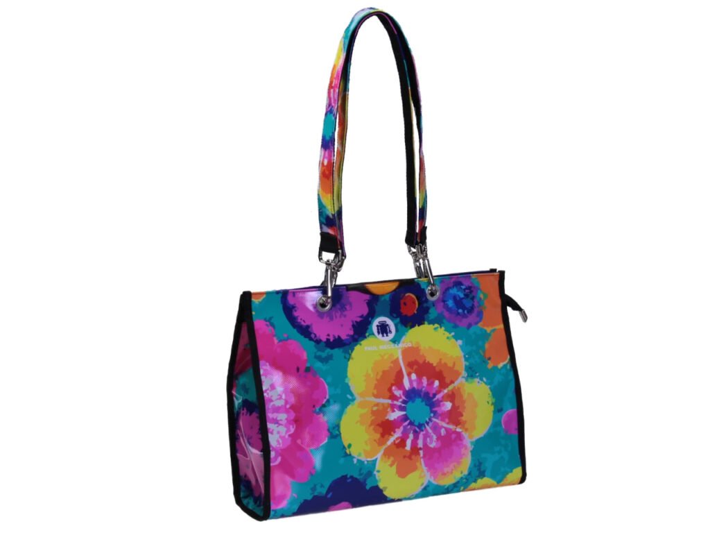 BORSA SHOPPER FANTASIA FLOREALE "ACQUERELLO". MODELLO PEPE REALIZZATO CON TELONI DI CAMION.