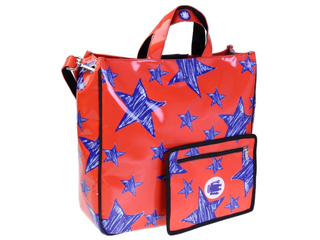 MAXI TOTE BAG ARANCIONE "STARS". MODELLO DI TRAMPOLINO DI LANCIO REALIZZATO CON TELONI DI CAMION.