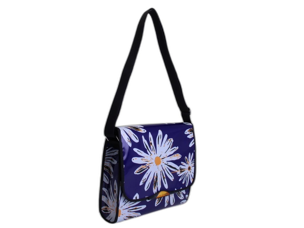 BORSA CROSSBODY BLU CON FANTASIA FLOREALE. MODELLO DI ROTTURA REALIZZATO CON TELONI DI CAMION.