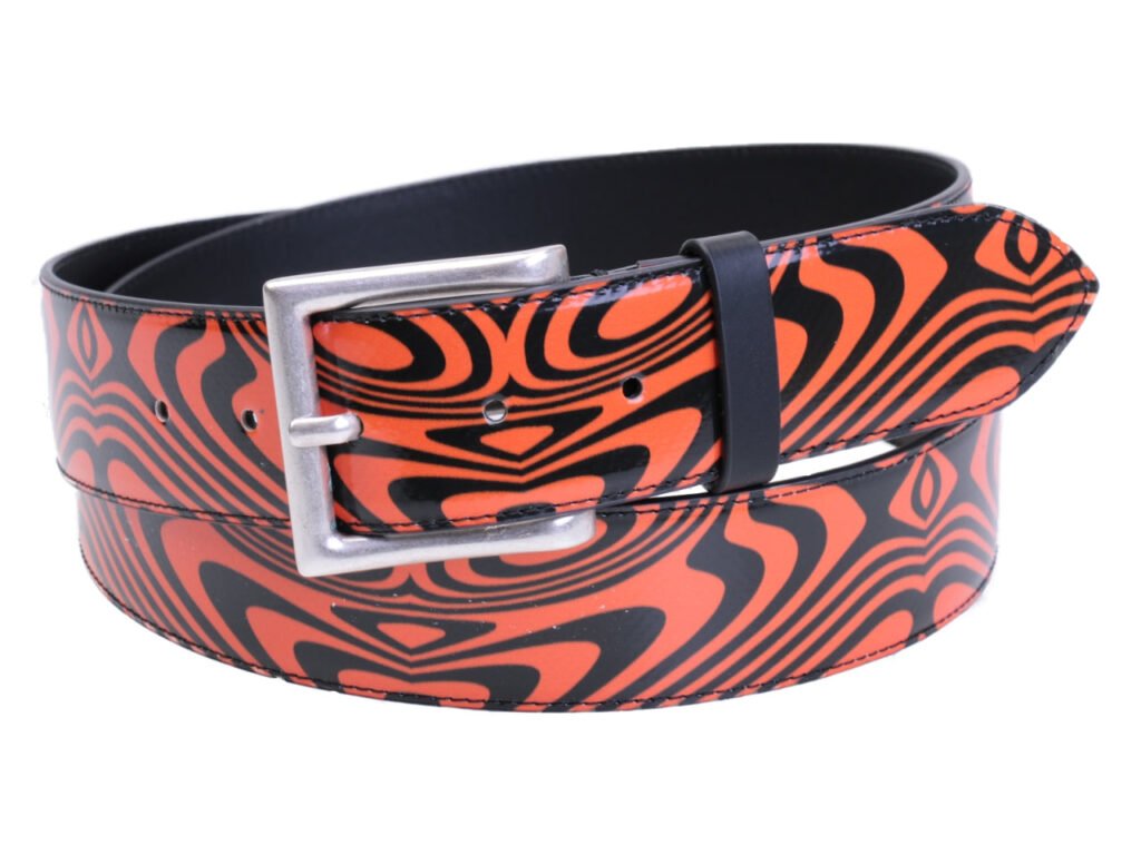 CINTURA DA UOMO ARANCIONE E NERA CON FANTASIA OPTICAL REALIZZATA CON TELONI DI CAMION. - Pezzi unici Paul Meccanico
