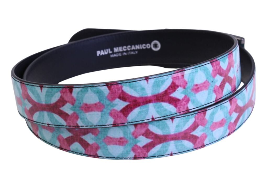 CINTURA DA DONNA VERDE ACQUA CON FANTASIA ETNICA REALIZZATA CON TELONI DI CAMION.