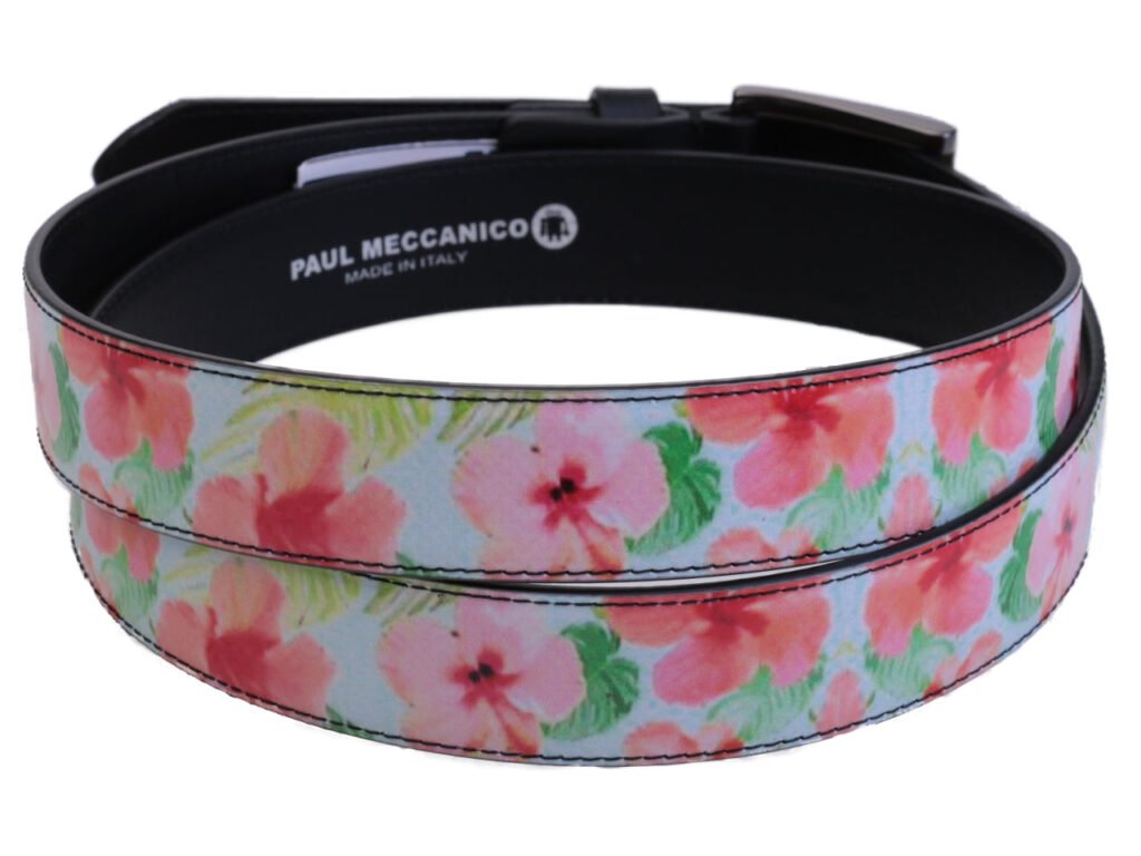 CINTURA DA DONNA BIANCA CON FANTASIA FLOREALE REALIZZATA CON TELONI DI CAMION.