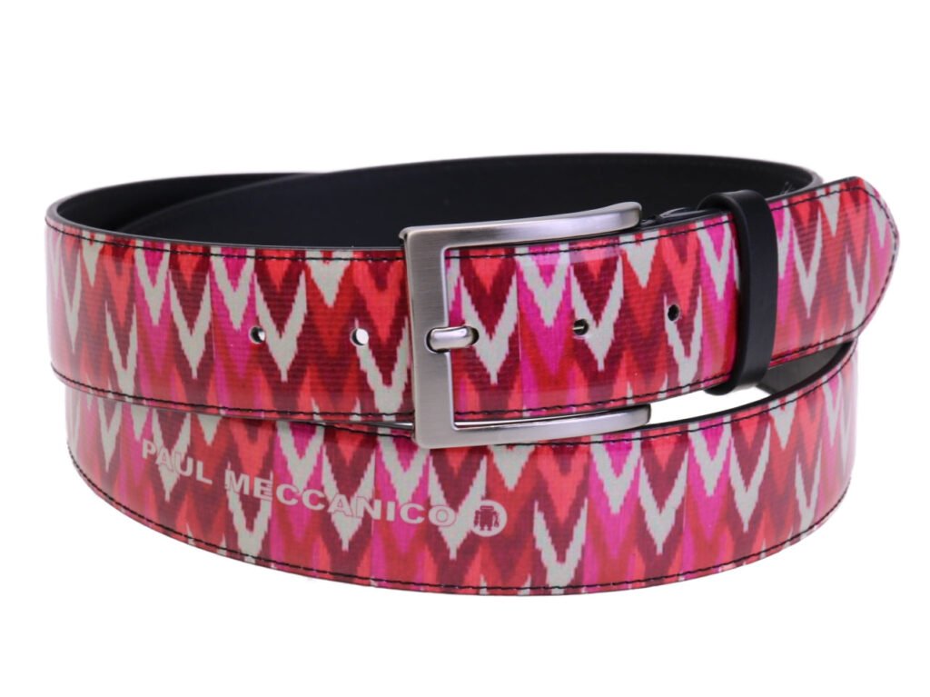 CINTURA DA UOMO ROSSO ROSA CON FANTASIA TIE DYE REALIZZATA CON TELONI DI CAMION.