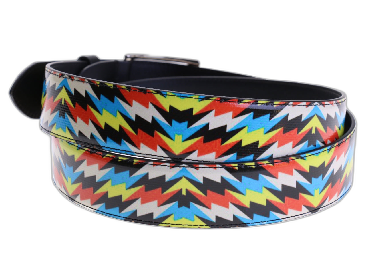 CINTURA DA UOMO MULTICOLORE CON FANTASIA GEOMETRICA REALIZZATA IN TELONE DA CAMION.