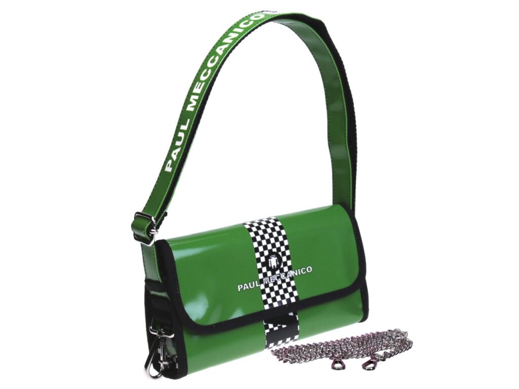 POCHETTE VERDE MELA STILE "GRAND PRIX". MODELLO CANDY REALIZZATO CON TELONI DI CAMION. - Edizione limitata Paul Meccanico