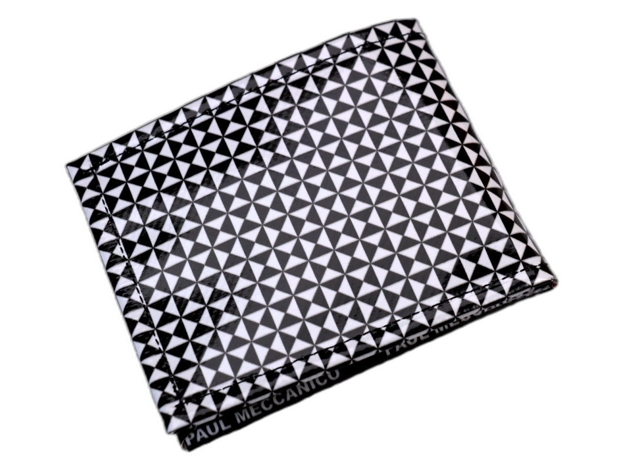PORTAFOGLIO DA UOMO IN BIANCO E NERO A FANTASIA GEOMETRICA. MODELLO CRIK REALIZZATO CON TELONI DI CAMION. - Edizione limitata Paul Meccanico