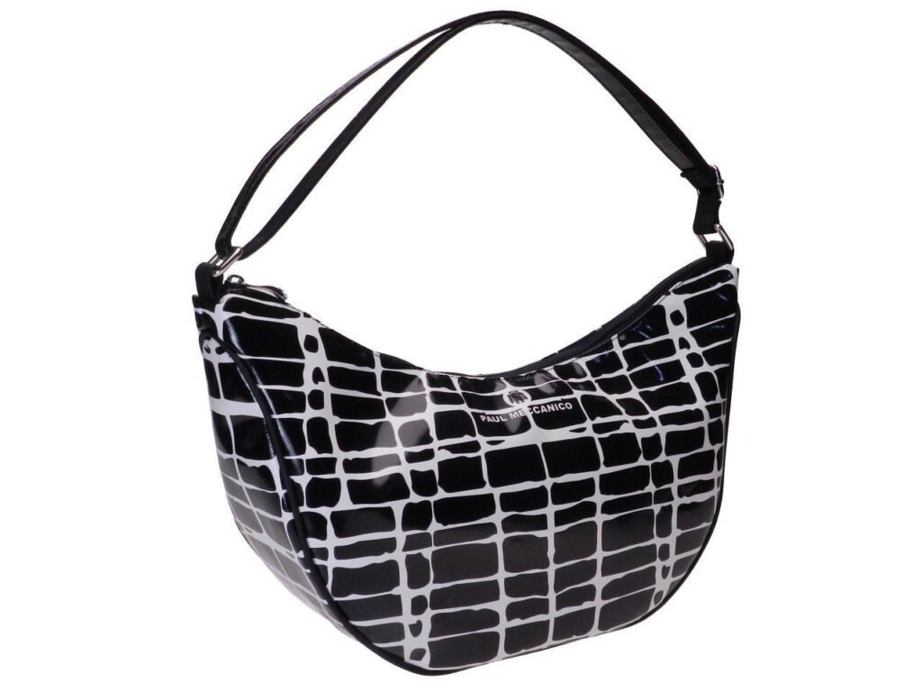 BORSA A MEZZALUNA FANTASIA IN BIANCO E NERO. MODELLO SPACCATO REALIZZATO CON TELONI DI CAMION. - Edizione limitata Paul Meccanico