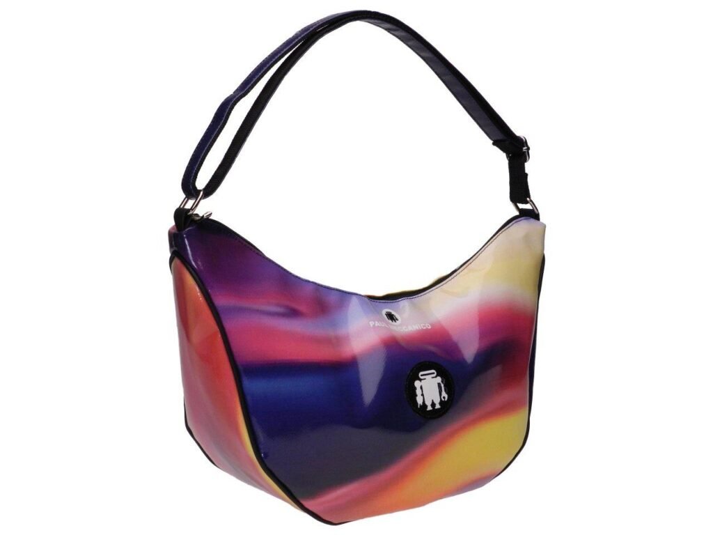BORSA A MEZZALUNA MULTICOLORE CON FANTASIA TIE DYE. MODELLO SPACCATO IN TELONE DI CAMION. - Edizione limitata Paul Meccanico