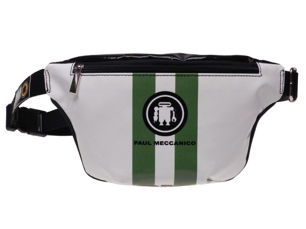 BORSA A TRACOLLA NEI COLORI VERDE, BIANCO E NERO REALIZZATA CON TELONI DI CAMION MODELLO FLEX. - Edizione limitata Paul Meccanico