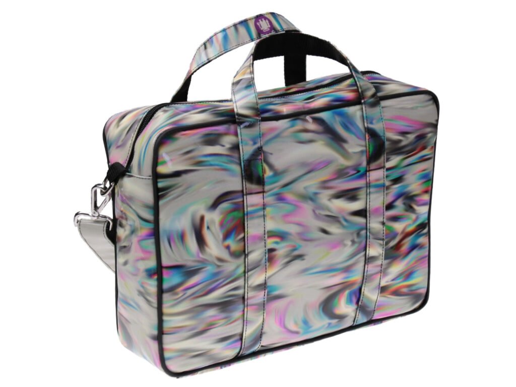 CARTELLA DA DONNA BEIGE CON FANTASIA TIE DYE MULTICOLORE. MODELLO DI KART REALIZZATO CON TELONI DI CAMION.