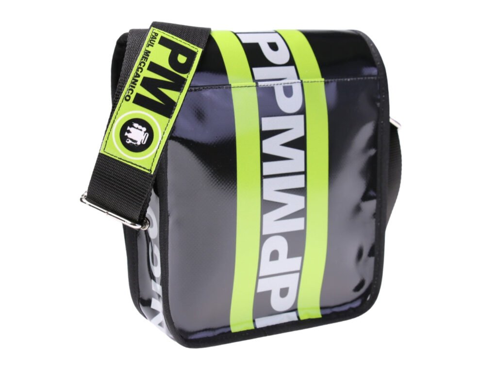 ...BLACK FOREST AND LIME CROSSBODY BAG. MODEL MIPOK MADE OF LORRY TARPAULIN.