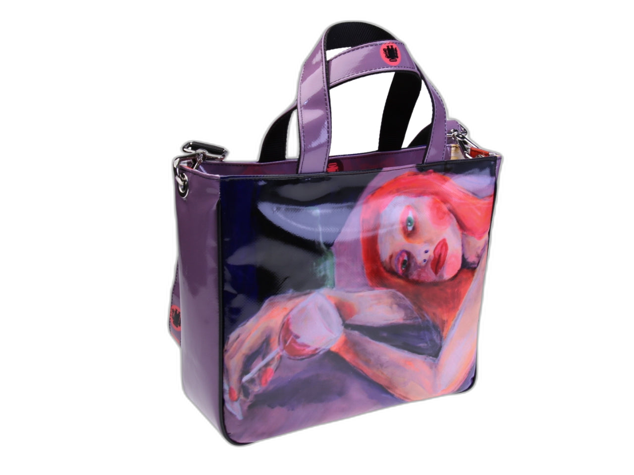 .TOTE BAG "DRINKING AGAIN" DI PAUL ALBERT DARI. MODELLO GLAM REALIZZATO CON TELONI DI CAMION. LIBRO "LA PITTURA E' DONNA INCLUSO NEL PREZZO".