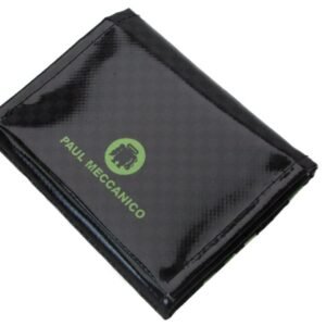 PORTAFOGLIO UNISEX NERO, GRIGIO E VERDE CON SCRITTE FANTASIA. MODELLO TREK REALIZZATO CON TELONI DI CAMION. - Edizione limitata Paul Meccanico