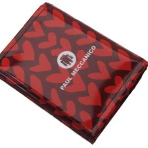 PORTAFOGLIO DONNA DI COLORE ROSSO CON STAMPA DI CUORI. MODELLO TREK REALIZZATO CON TELONI DI CAMION. - Paul Meccanico