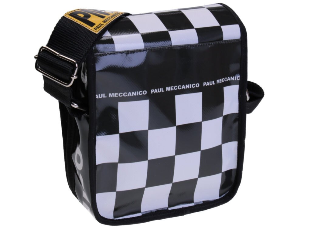 BORSA CROSSBODY BIANCA E NERA CON FANTASIA A SCACCHI. MODELLO MIPOK REALIZZATO CON TELONI DI CAMION.
