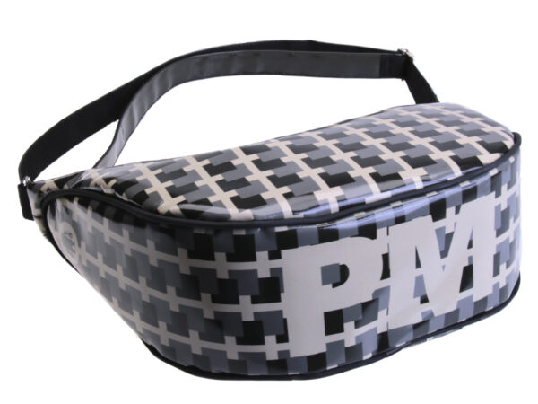 CRESCENT BAG BLACK, GREY AND BEIGE WITH GEOMETRIC FANTASY. MODEL SPLIT MADE OF LORRY TARPAULIN.