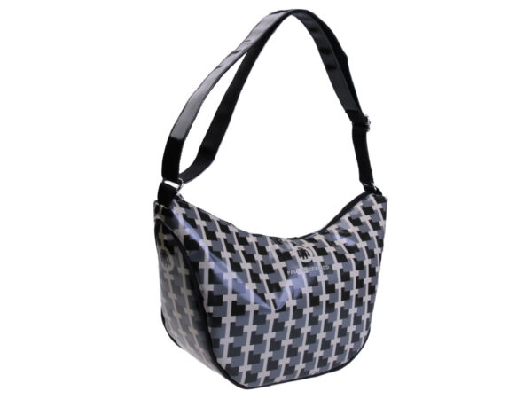 CRESCENT BAG BLACK, GREY AND BEIGE WITH GEOMETRIC FANTASY. MODEL SPLIT MADE OF LORRY TARPAULIN.