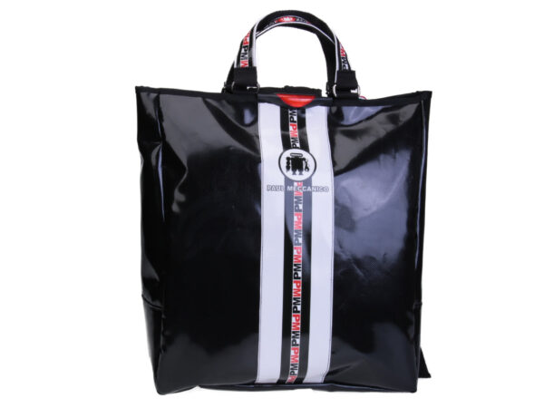 2 IN 1 BRIEFCASE AND BACKPACK BLACK AND WHITE. MODEL HYBRID MADE OF LORRY TARPAULIN.