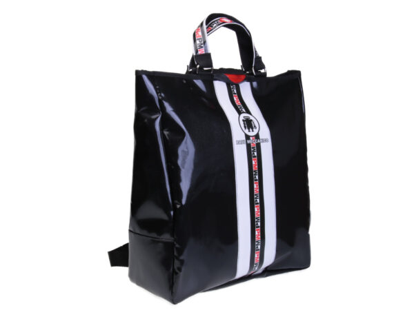 2 IN 1 BRIEFCASE AND BACKPACK BLACK AND WHITE. MODEL HYBRID MADE OF LORRY TARPAULIN.