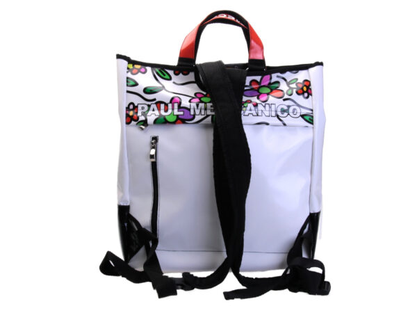 2 IN 1 BRIEFCASE AND BACKPACK WHITE WITH FLORAL FANTASY. MODEL HYBRID MADE OF LORRY TARPAULIN.