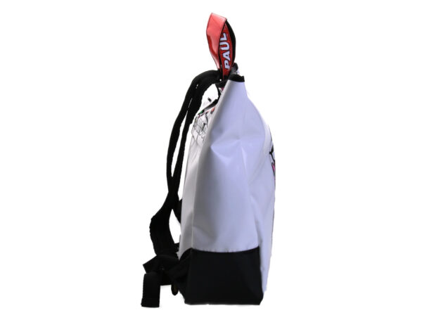 2 IN 1 BRIEFCASE AND BACKPACK WHITE WITH FLORAL FANTASY. MODEL HYBRID MADE OF LORRY TARPAULIN.