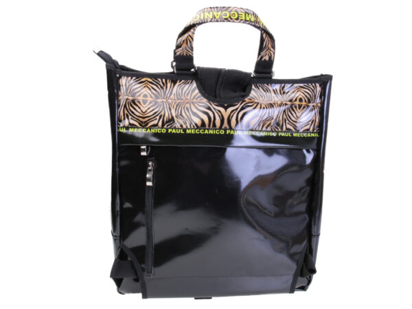 2 IN 1 BRIEFCASE AND BACKPACK IN BLACK COLOUR WITH ANIMALIER FANTASY. MODEL HYBRID MADE OF LORRY TARPAULIN.