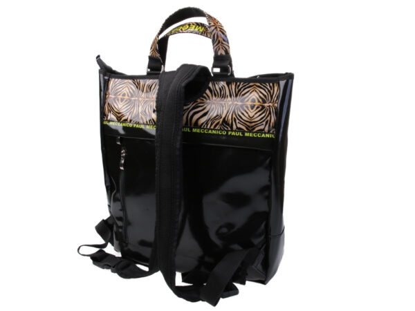 2 IN 1 BRIEFCASE AND BACKPACK IN BLACK COLOUR WITH ANIMALIER FANTASY. MODEL HYBRID MADE OF LORRY TARPAULIN.