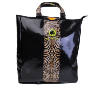 2 IN 1 BRIEFCASE AND BACKPACK IN BLACK COLOUR WITH ANIMALIER FANTASY. MODEL HYBRID MADE OF LORRY TARPAULIN.