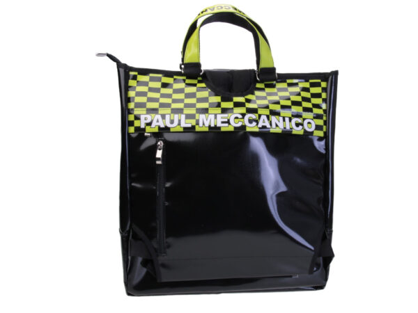 2 IN 1 BRIEFCASE AND BACKPACK IN BLACK AND FLUORESCENT GREEN. MODEL HYBRID MADE OF LORRY TARPAULIN.