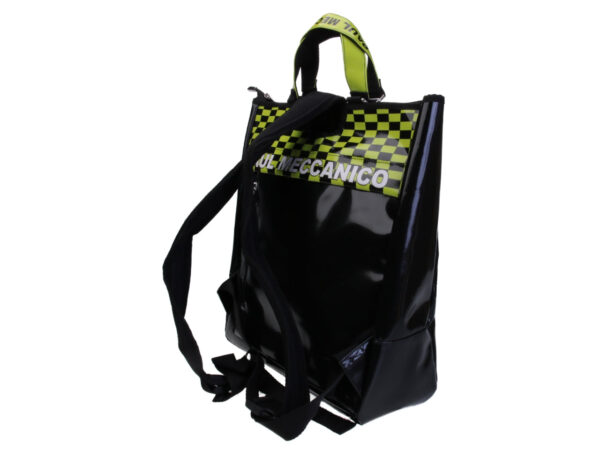 2 IN 1 BRIEFCASE AND BACKPACK IN BLACK AND FLUORESCENT GREEN. MODEL HYBRID MADE OF LORRY TARPAULIN.