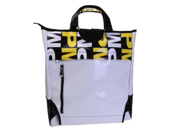 2 IN 1 BRIEFCASE AND BACKPACK IN BLACK WHITE YELLOW. MODEL HYBRID MADE OF LORRY TARPAULIN.