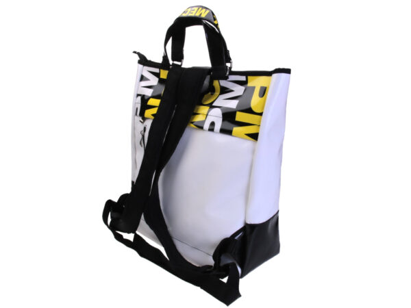 2 IN 1 BRIEFCASE AND BACKPACK IN BLACK WHITE YELLOW. MODEL HYBRID MADE OF LORRY TARPAULIN.