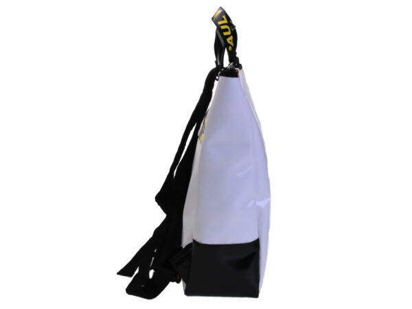 2 IN 1 BRIEFCASE AND BACKPACK IN BLACK WHITE YELLOW. MODEL HYBRID MADE OF LORRY TARPAULIN.