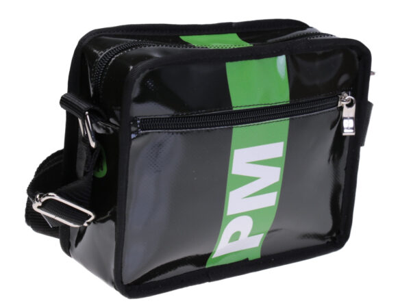 GENDERLESS CROSSBODY BAG BLACK WITH GREEN. MODEL FRIK  MADE OF LORRY TARPAULIN.