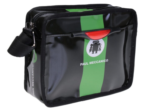 GENDERLESS CROSSBODY BAG BLACK WITH GREEN. MODEL FRIK  MADE OF LORRY TARPAULIN.
