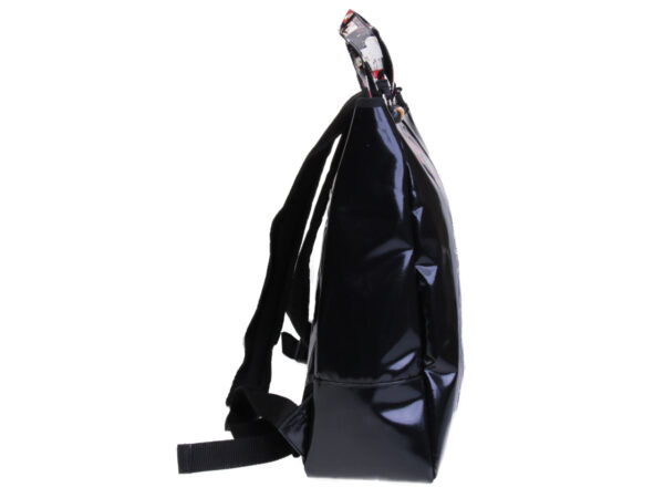 2 IN 1 BRIEFCASE AND BACKPACK BLACK WITH COLOURED LETTER FANTASY. MODEL HYBRID MADE OF LORRY TARPAULIN.